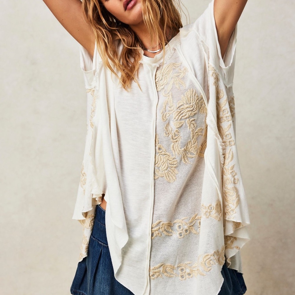 Free People Ivory and Beige Floral Tunic